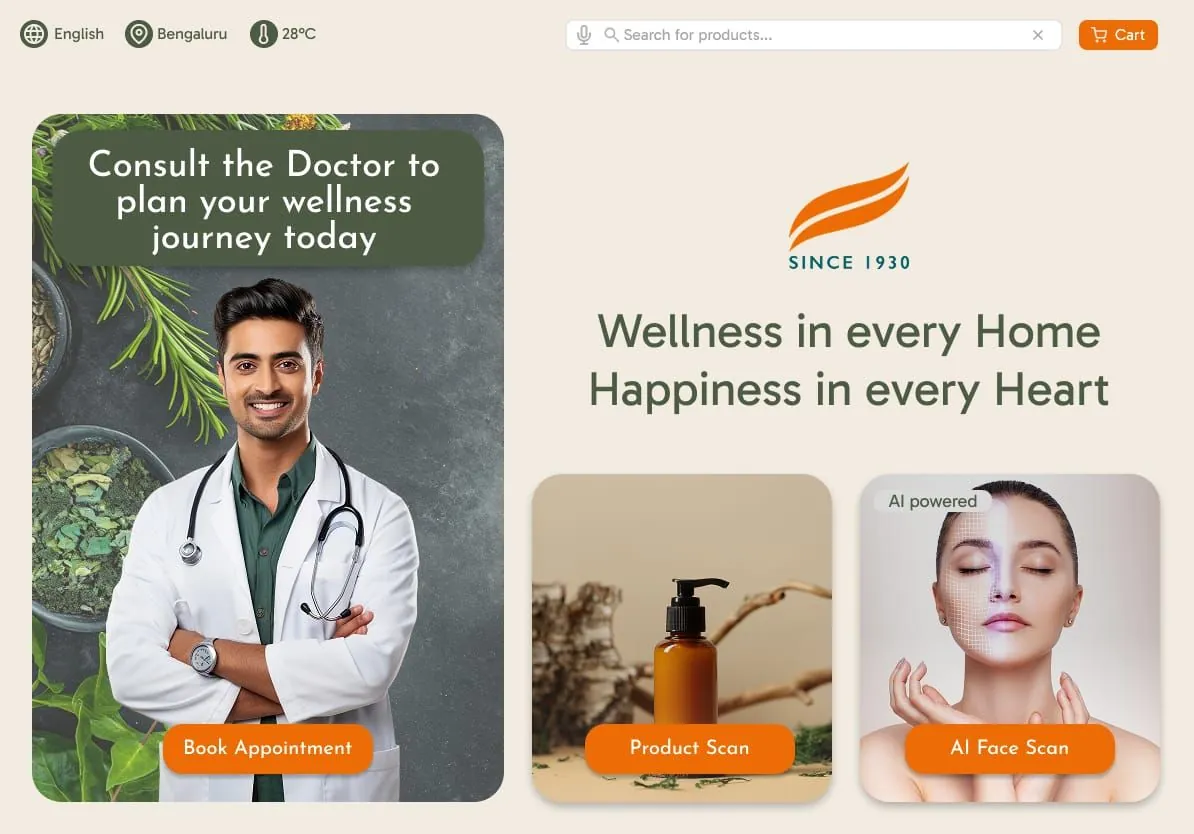 Kiosk home screen at the store entrance offering Skin Analysis, Product Scan and Wellness Advisor paths