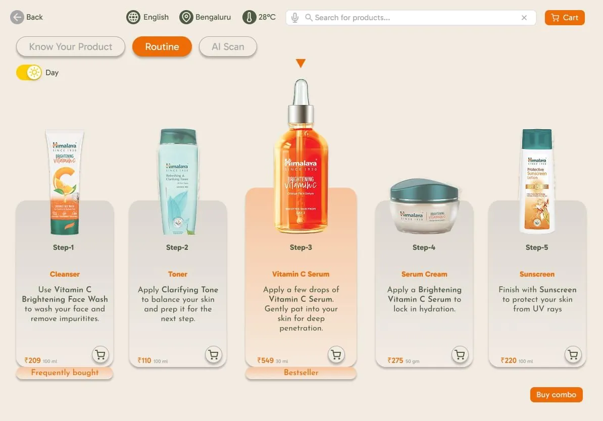 Personalised routine screen recommending a 3 to 5 product regimen with per-product explanations